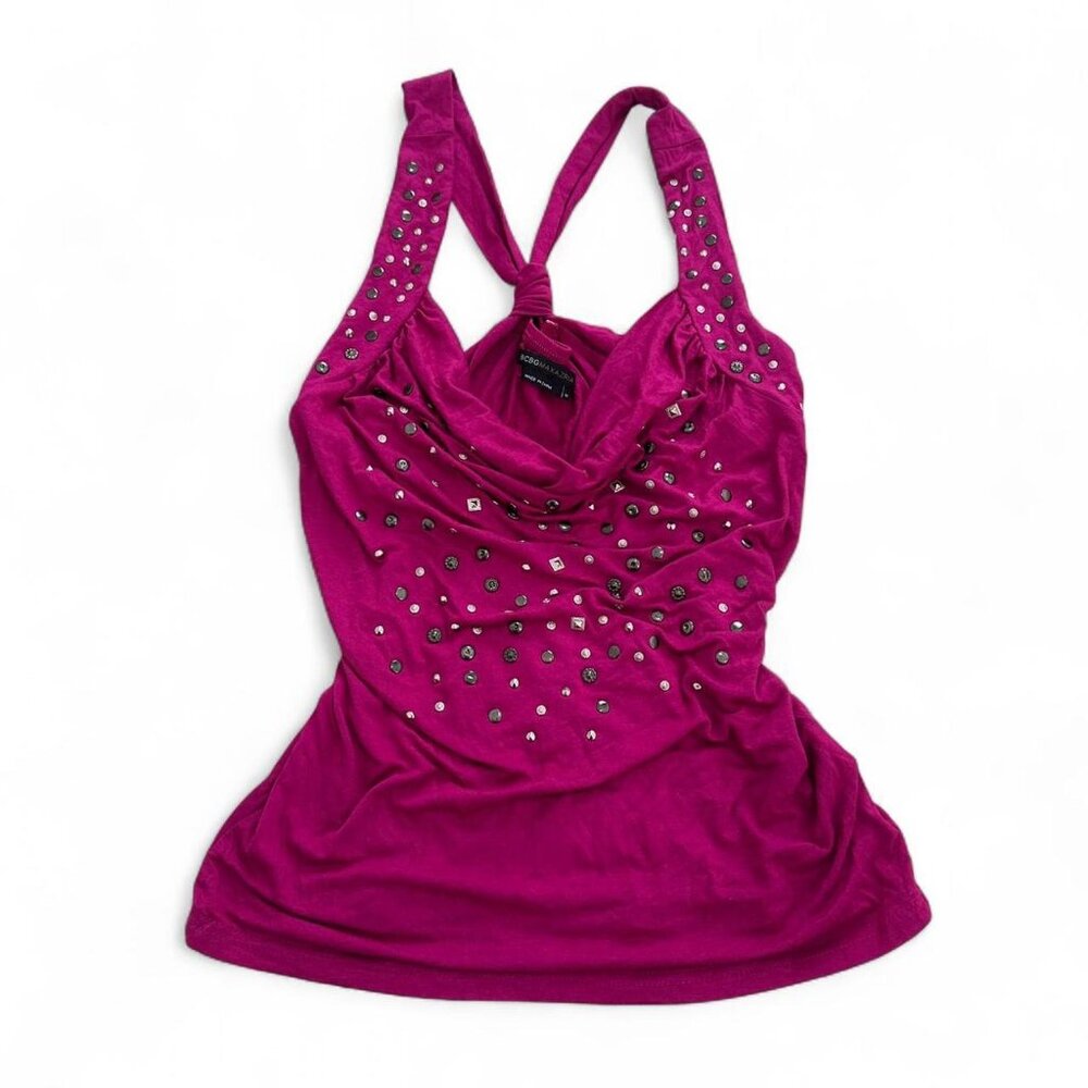 Vintage bcbg hot pink cowl tank with studded and beaded details